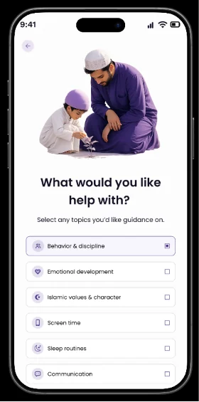 Tarbiya AI screen asking what you would like help with, listing parenting topics