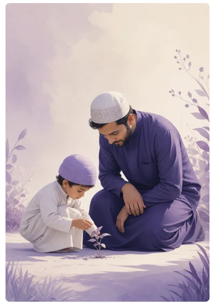 A father kneeling beside his young son, teaching him gently