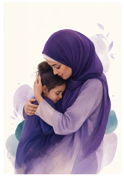 A mother holding her two children close in a warm embrace