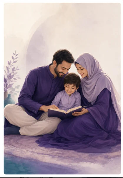 A Muslim family reading together on the floor at home