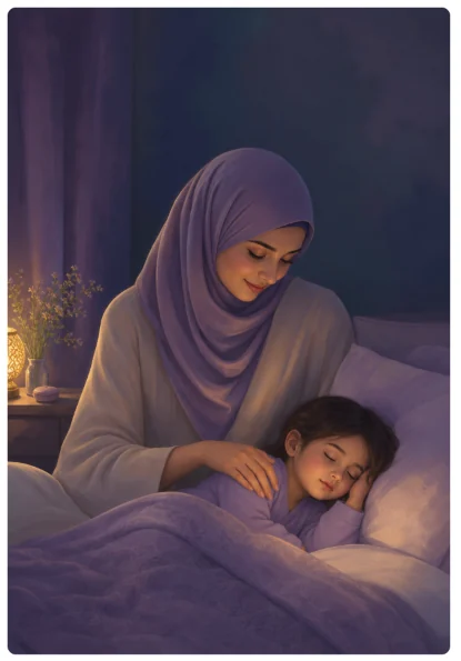 A parent settling a child at bedtime