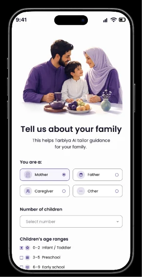 Tarbiya AI onboarding screen collecting your family details